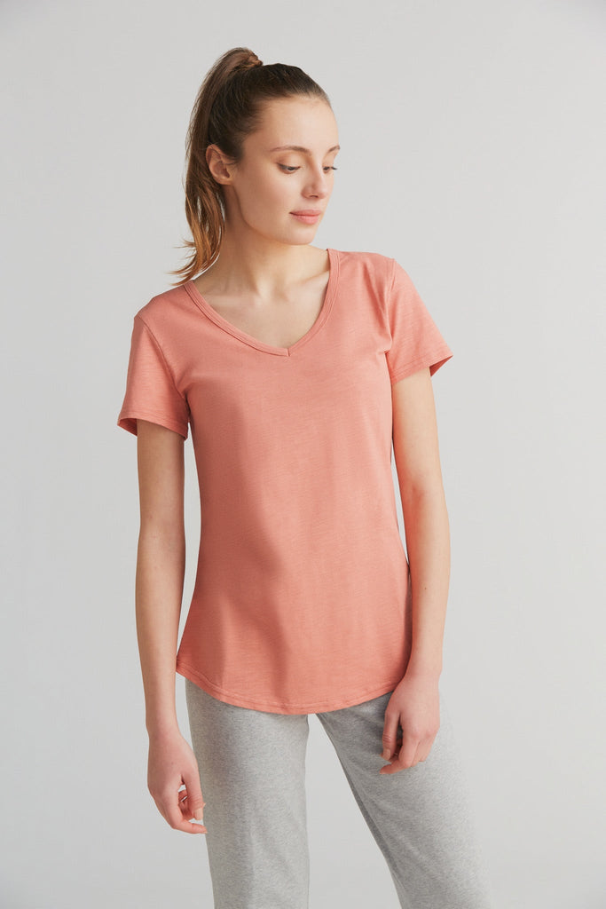 1223-053 | Flammé V Neck Shirt, Salmon Pink