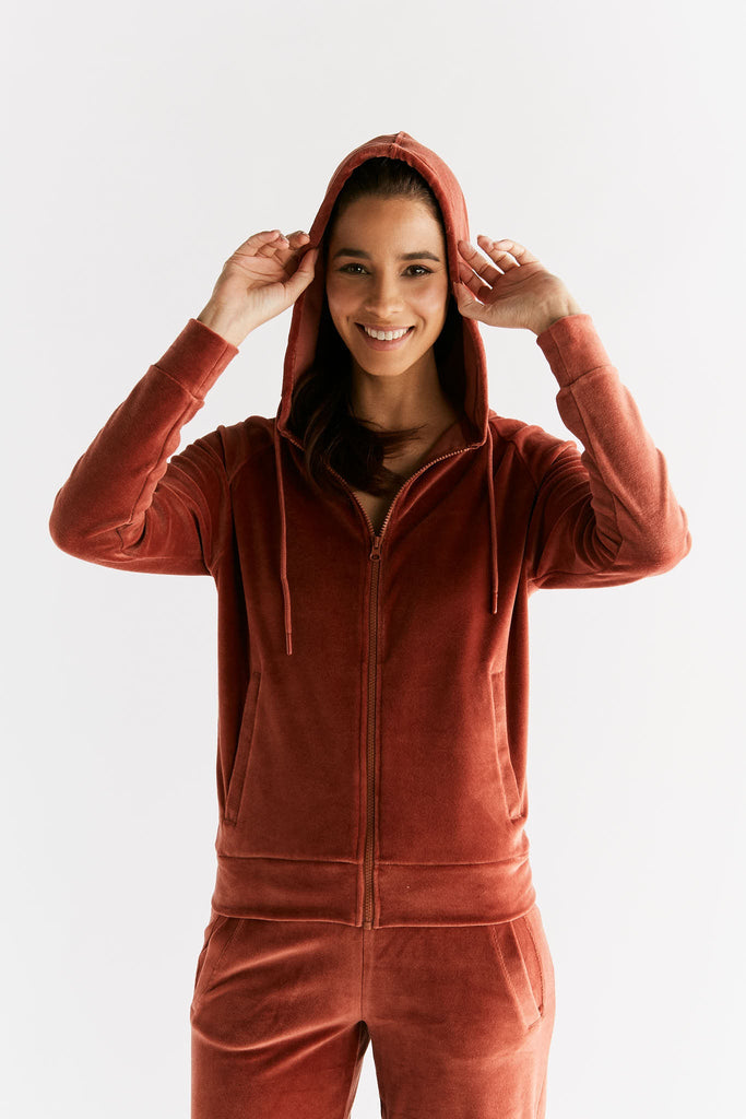 1271-043 | Women Velvet Hooded Jacket - Tabasco