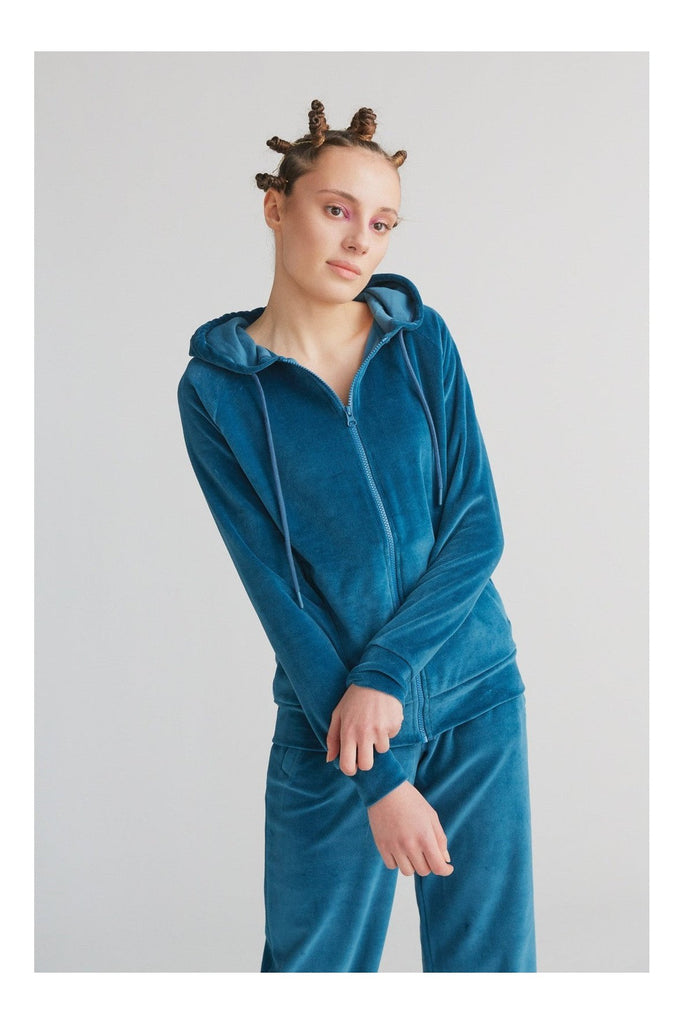 1271-044 | Women Velvet Hooded Jacket - Danuvian Blue
