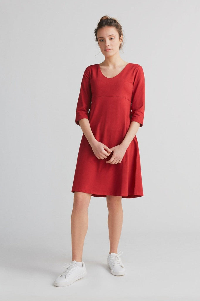 1737-024 | 3/4 Arm V-Neck Dress, Red